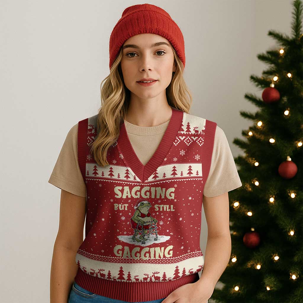 Funny Sagging But Still Gagging Xmas Frog V-Neck Knit Sweater Vest Funny Cringe Meme Gag Humor - Wonder Print Shop