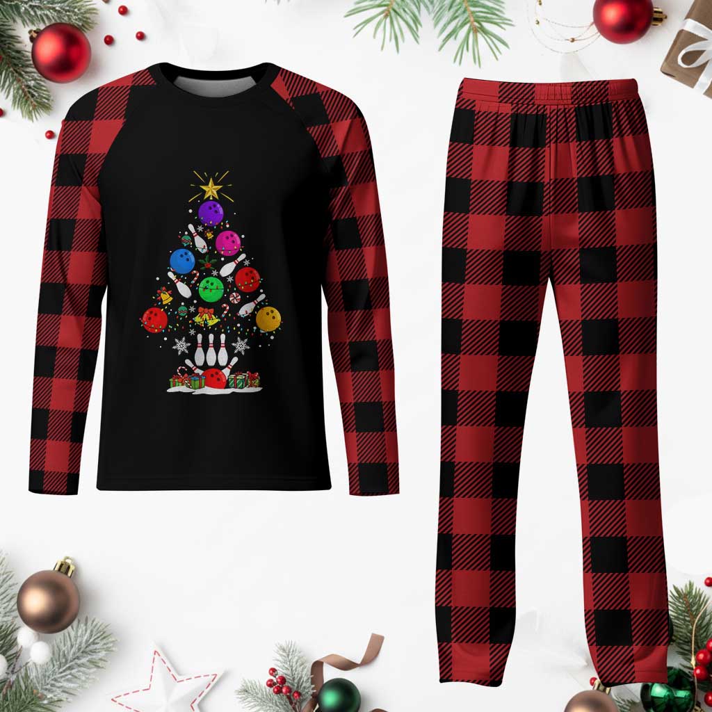 Funny Bowling Christmas Tree Lights Xmas Bowler Plaid Pajama Set - Wonder Print Shop