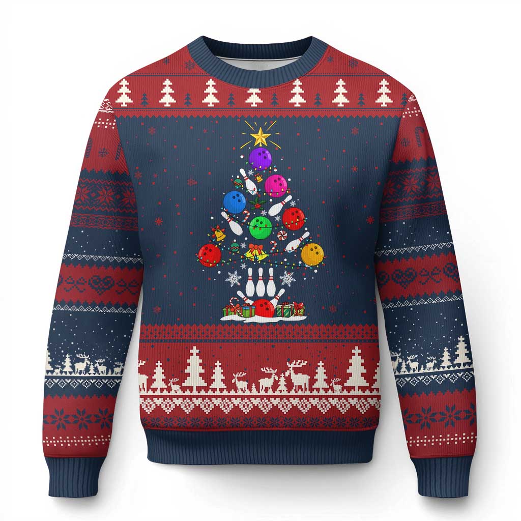 Funny Bowling Christmas Tree Lights Xmas Bowler Ugly Christmas Sweater - Wonder Print Shop