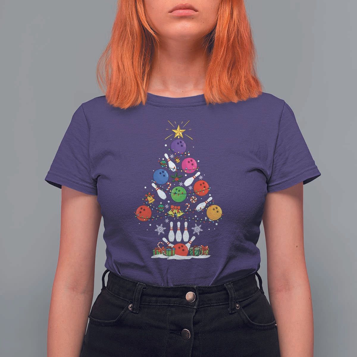Funny Bowling Christmas Tree Lights Xmas Bowler T Shirt For Women - Wonder Print Shop