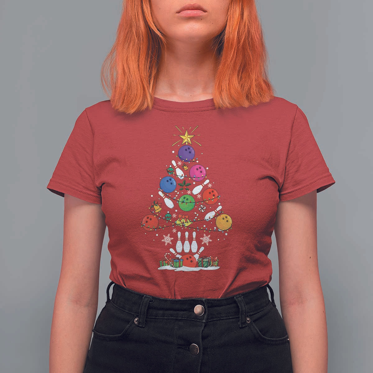 Funny Bowling Christmas Tree Lights Xmas Bowler T Shirt For Women - Wonder Print Shop