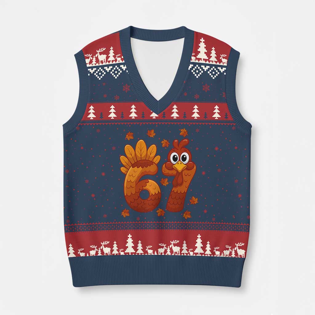 67 Thanksgiving V-Neck Knit Sweater Vest Funny Turkey Thanksgiving Six Seven Meme - Wonder Print Shop