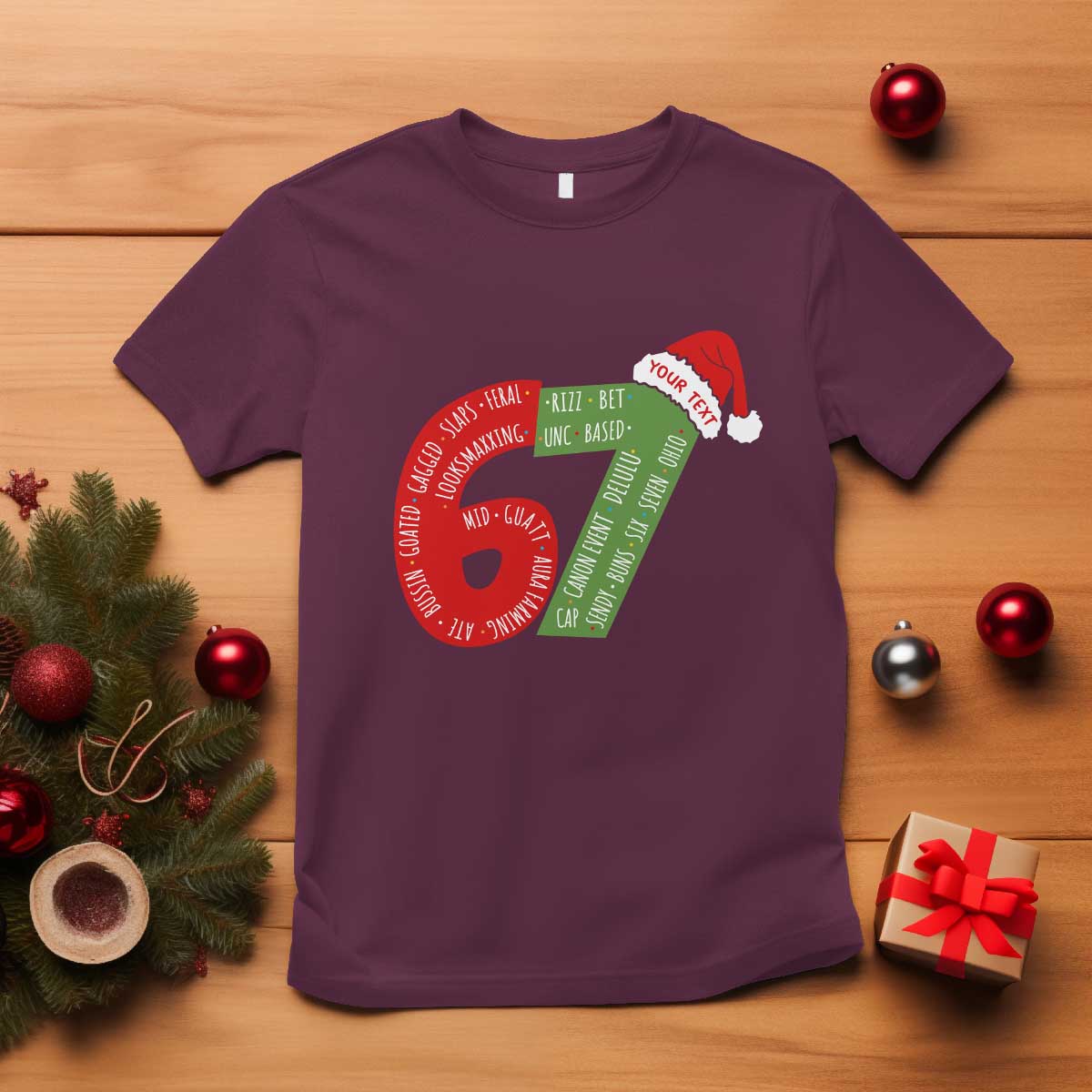 Personalized 67 Christmas T Shirt Custom Text Rizz Aura Farming Six Seven Meme Gen Alpha - Wonder Print Shop