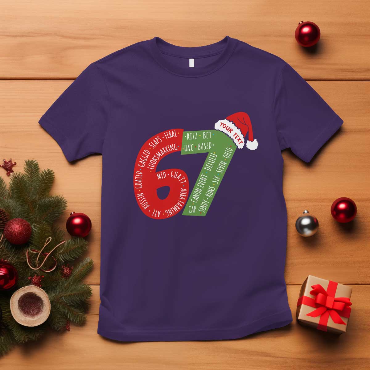 Personalized 67 Christmas T Shirt Custom Text Rizz Aura Farming Six Seven Meme Gen Alpha - Wonder Print Shop