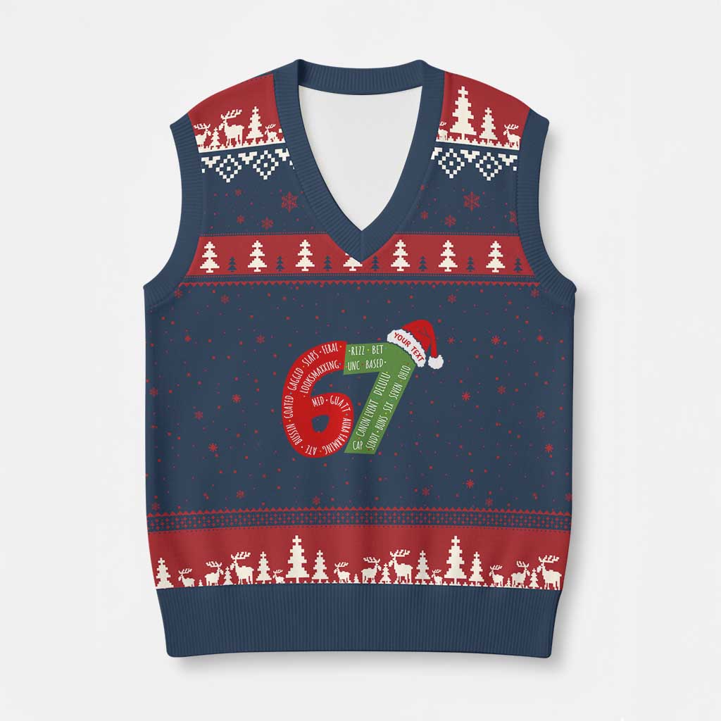 Personalized 67 Xmas V-Neck Knit Sweater Vest Custom Text Rizz Aura Farming Six Seven Meme Gen Alpha - Wonder Print Shop