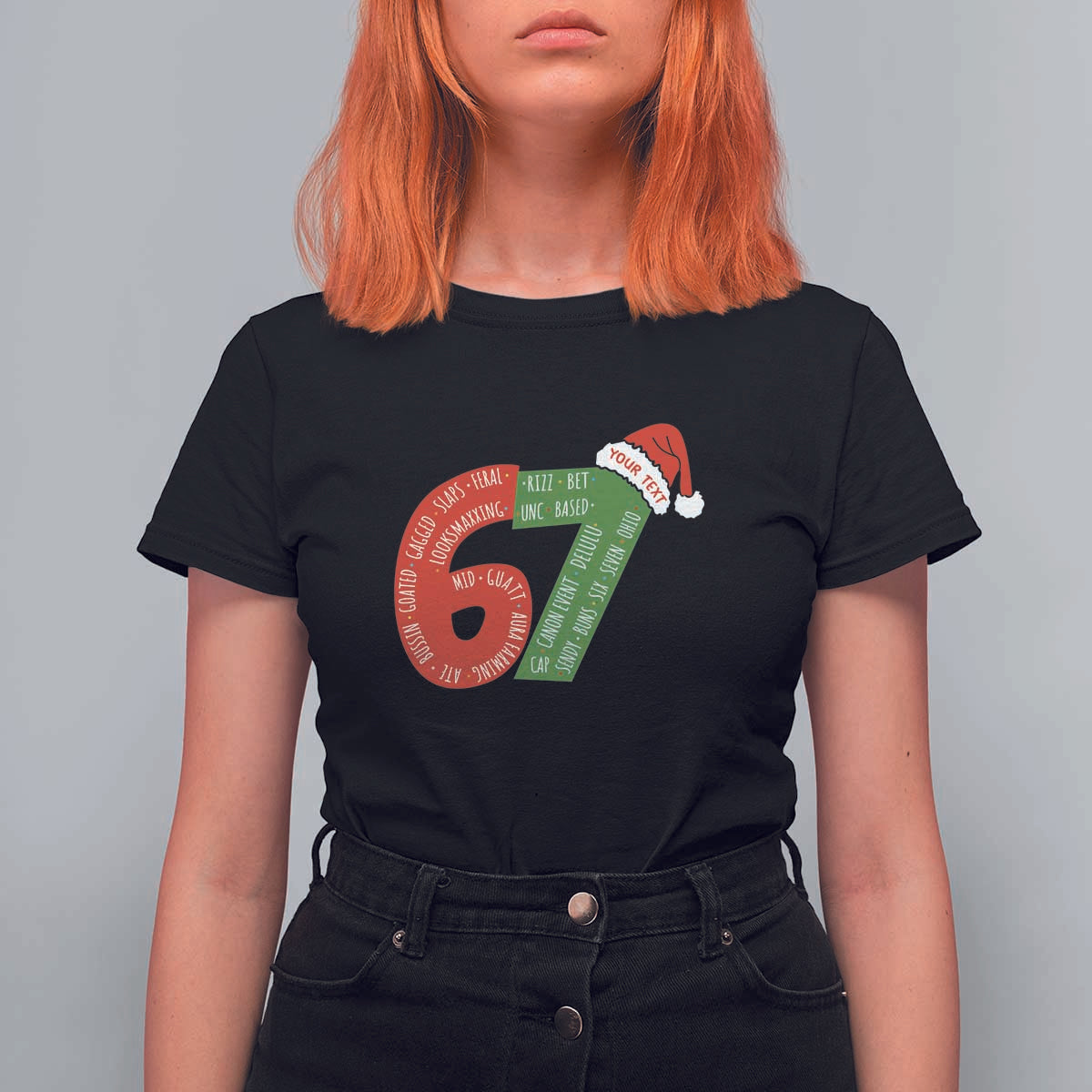 Personalized 67 Christmas T Shirt For Women Custom Text Rizz Aura Farming Six Seven Meme Gen Alpha - Wonder Print Shop