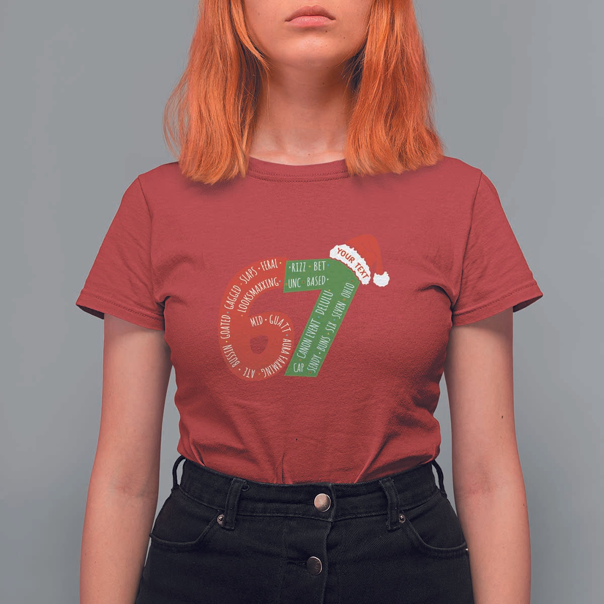 Personalized 67 Christmas T Shirt For Women Custom Text Rizz Aura Farming Six Seven Meme Gen Alpha - Wonder Print Shop