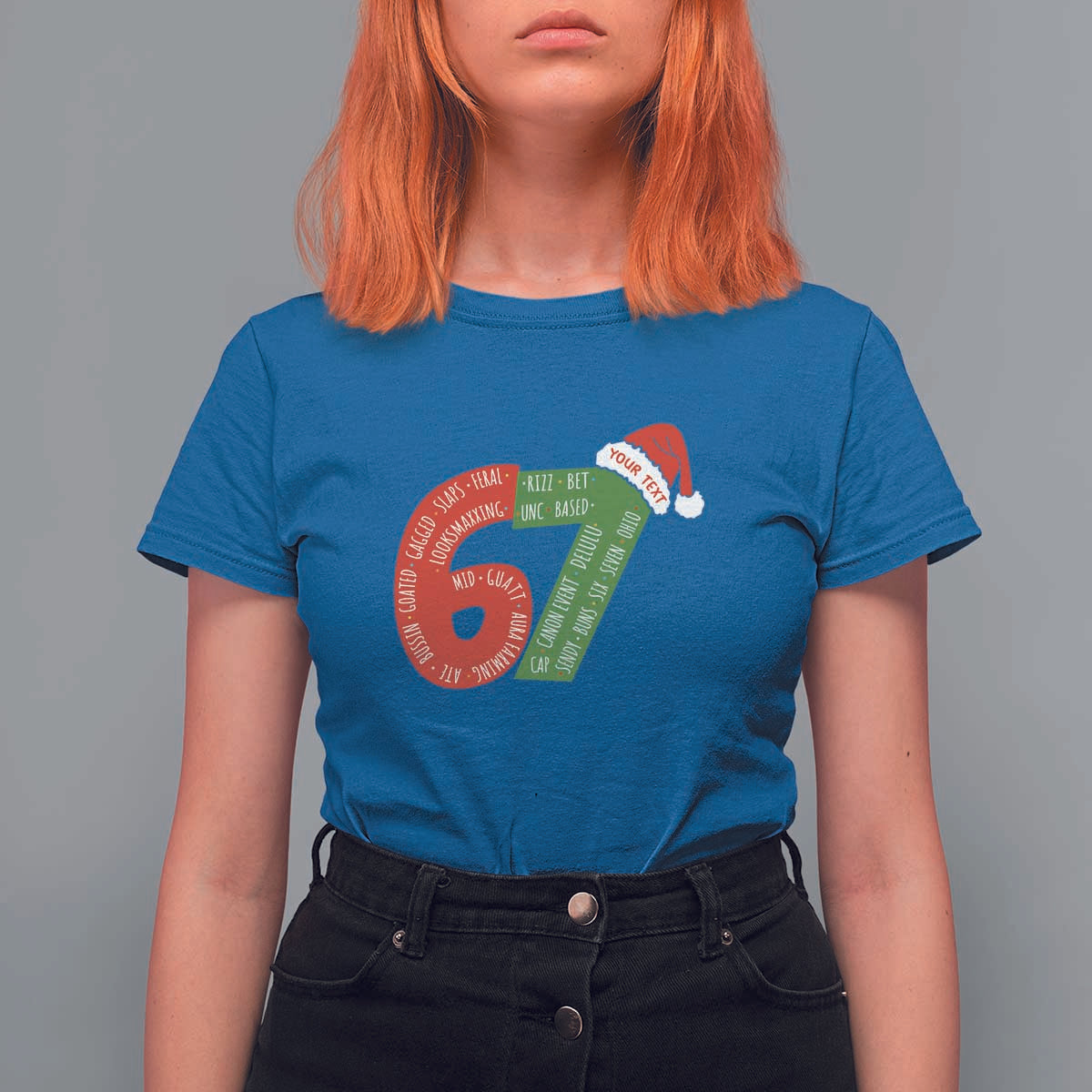 Personalized 67 Christmas T Shirt For Women Custom Text Rizz Aura Farming Six Seven Meme Gen Alpha - Wonder Print Shop