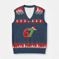 Funny 67 Xmas V-Neck Knit Sweater Vest Rizz Aura Farming Bussin Six Seven Meme Gen Alpha - Wonder Print Shop