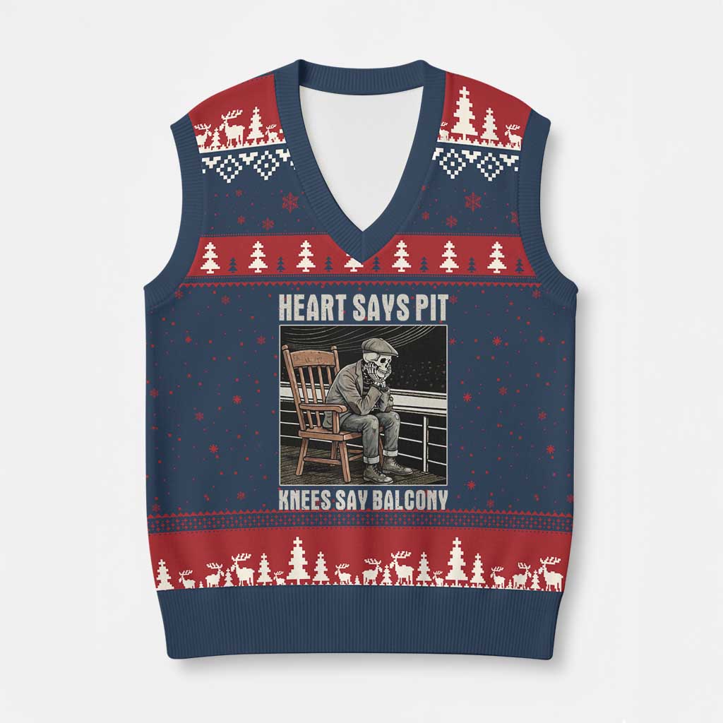 Funny Heart Says Pit Knees Say Balcony V-Neck Knit Sweater Vest Old Skeleton - Wonder Print Shop