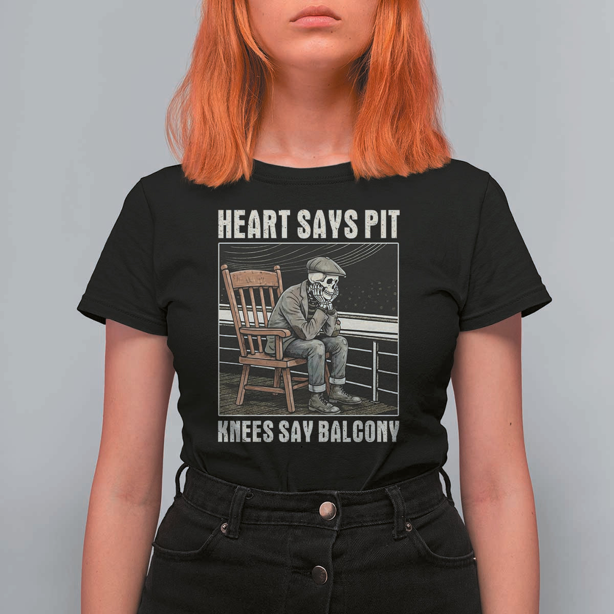 Funny Heart Says Pit Knees Say Balcony T Shirt For Women Old Skeleton - Wonder Print Shop