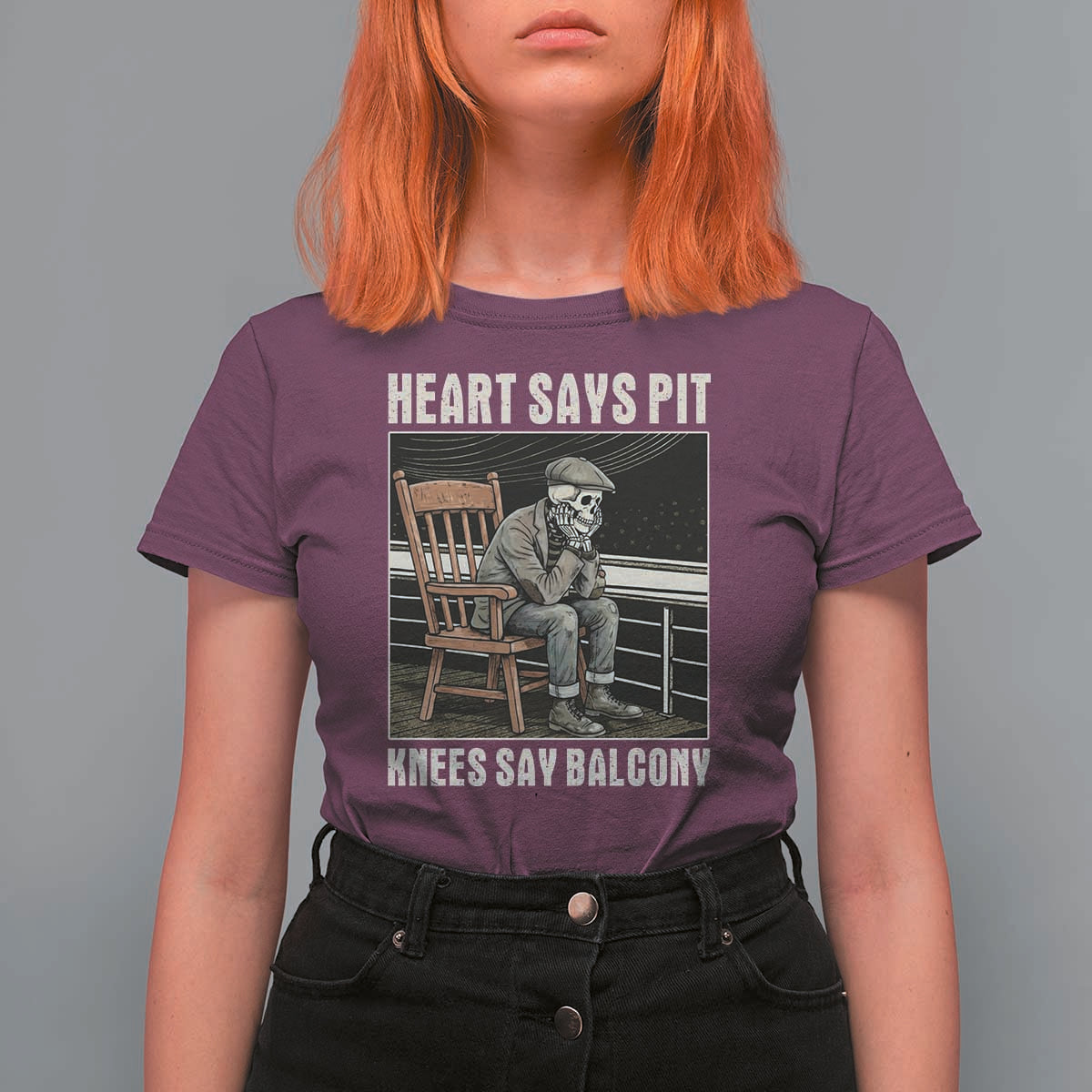 Funny Heart Says Pit Knees Say Balcony T Shirt For Women Old Skeleton - Wonder Print Shop