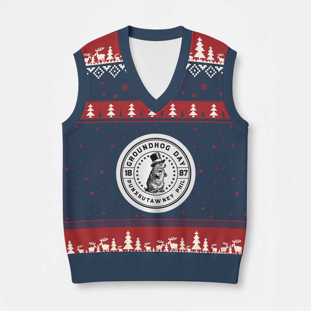 Punxsutawney Phil Groundhog Day V-Neck Knit Sweater Vest Funny Woodchuck Day 1887