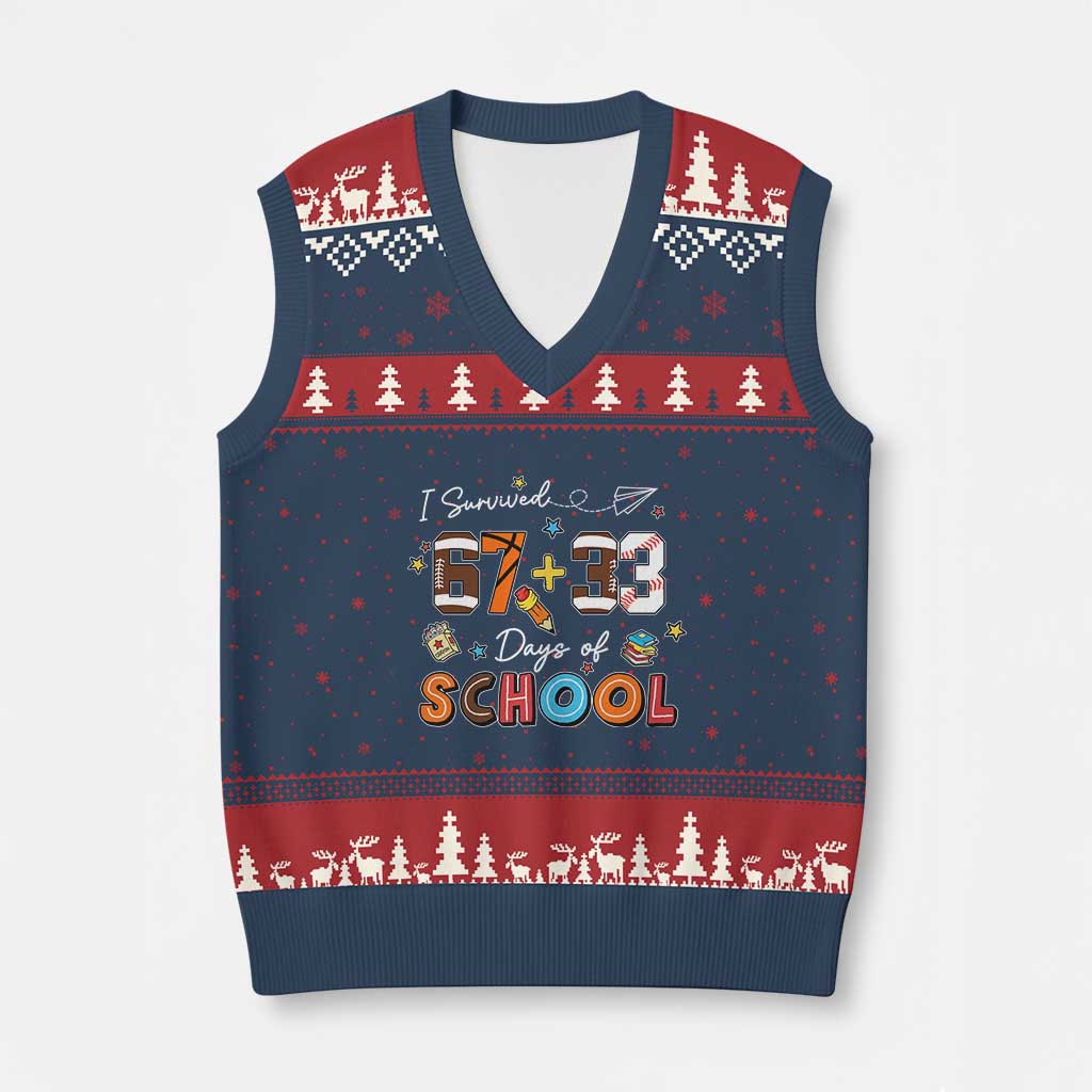 I Survived 67 33 Days Of School V-Neck Knit Sweater Vest Funny 100th Days of School 67 Sport Lover - Wonder Print Shop