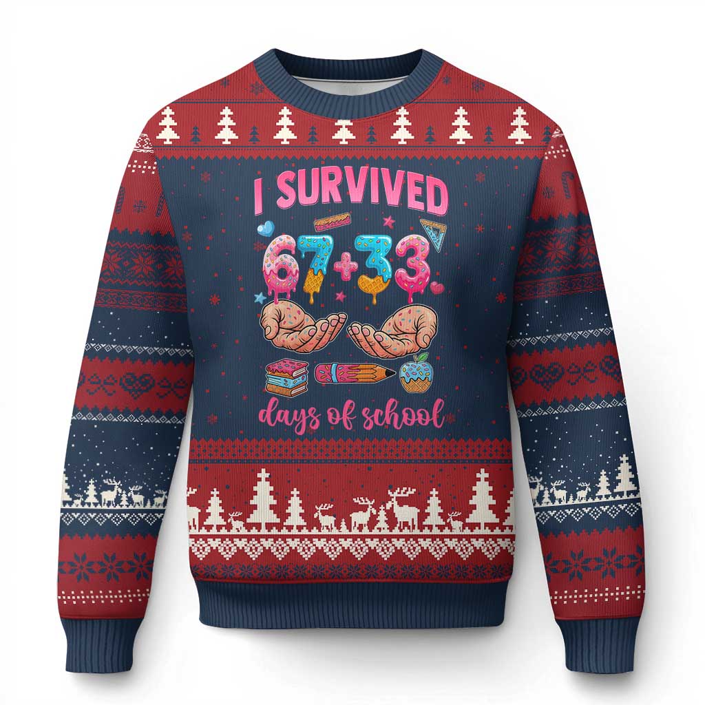 I Survived 67 33 Days Of School Ugly Christmas Sweater Funny 100 Days of School 67 Ice Cream Drip - Wonder Print Shop