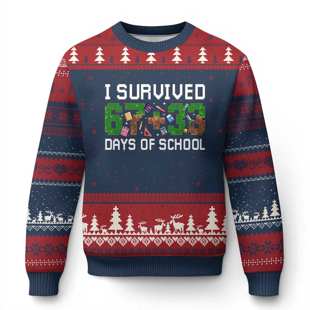 I Survived 67 33 Days Of School Ugly Christmas Sweater Funny 100 Days of School 67 Pixel Game - Wonder Print Shop