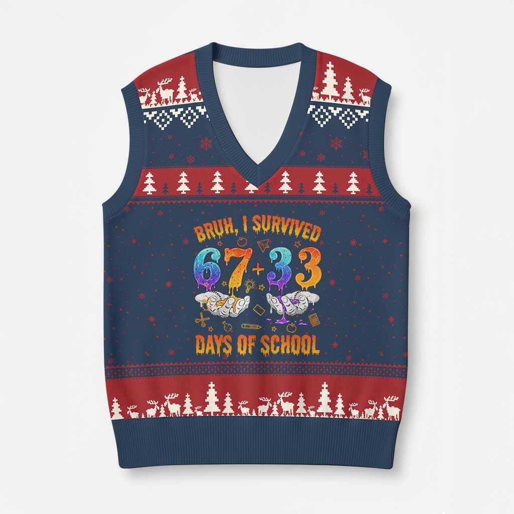Bruh I Survived 67 33 Days Of School V-Neck Knit Sweater Vest Funny 100th Days of School Teacher 67 Drip - Wonder Print Shop