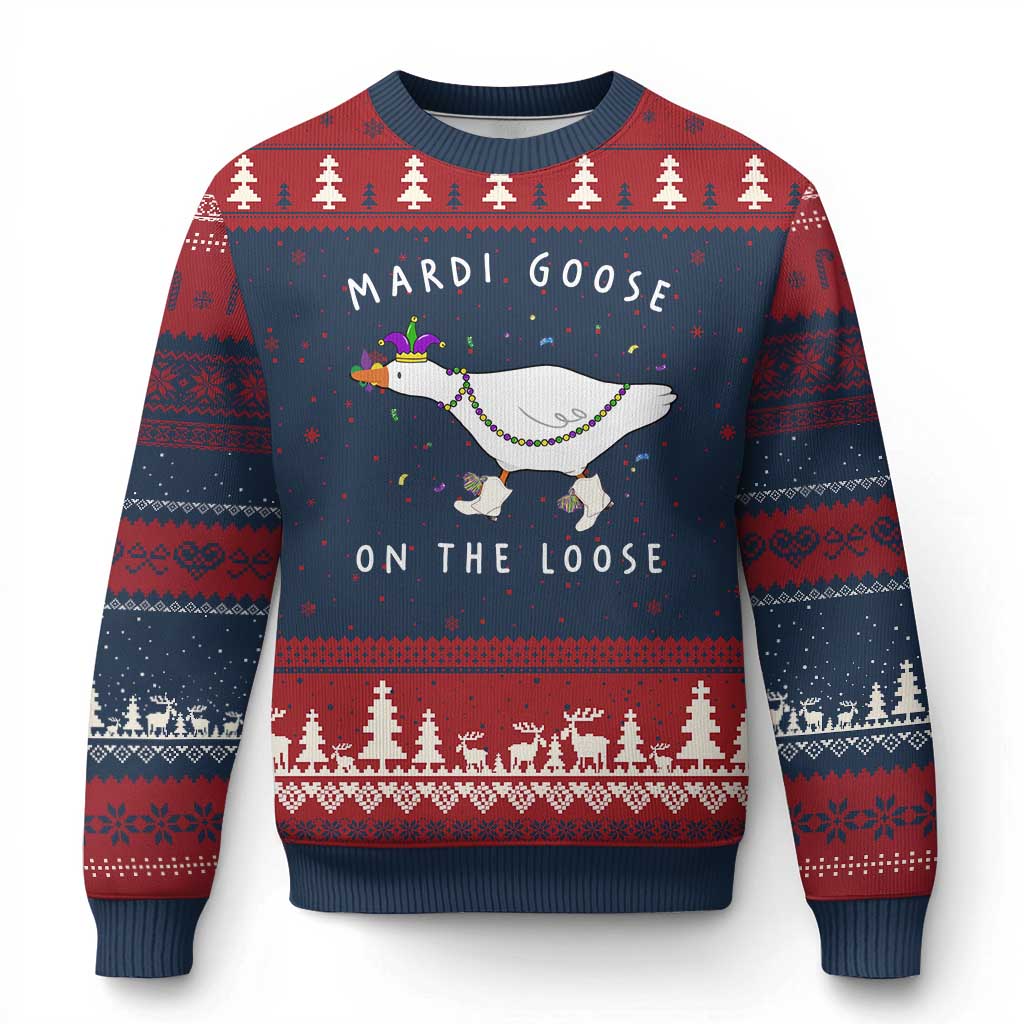 Mardi Goose On The Loose Ugly Christmas Sweater Funny Mardi Gras Carnival Parade