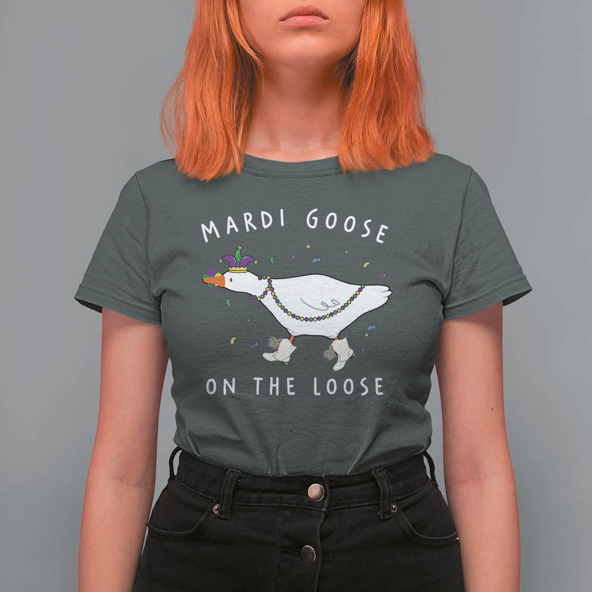 Mardi Goose On The Loose T Shirt For Women Funny Mardi Gras Carnival Parade