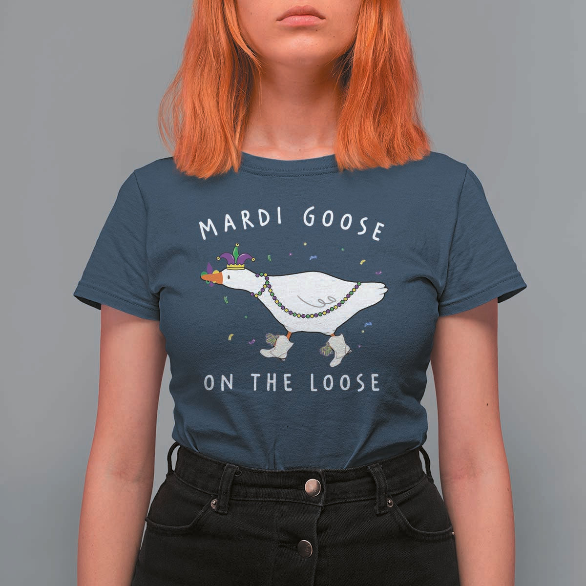 Mardi Goose On The Loose T Shirt For Women Funny Mardi Gras Carnival Parade