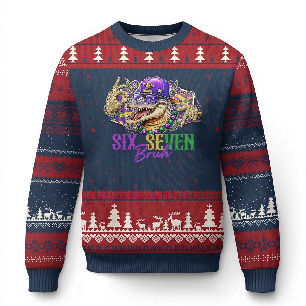 Funny Mardi Gras Six Seven Bruh Ugly Christmas Sweater 67 Meme Mardigator Alligator