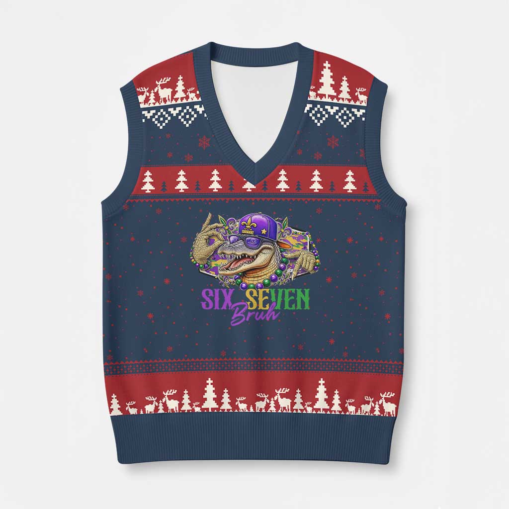 Funny Mardi Gras Six Seven Bruh V-Neck Knit Sweater Vest 67 Meme Mardigator Alligator
