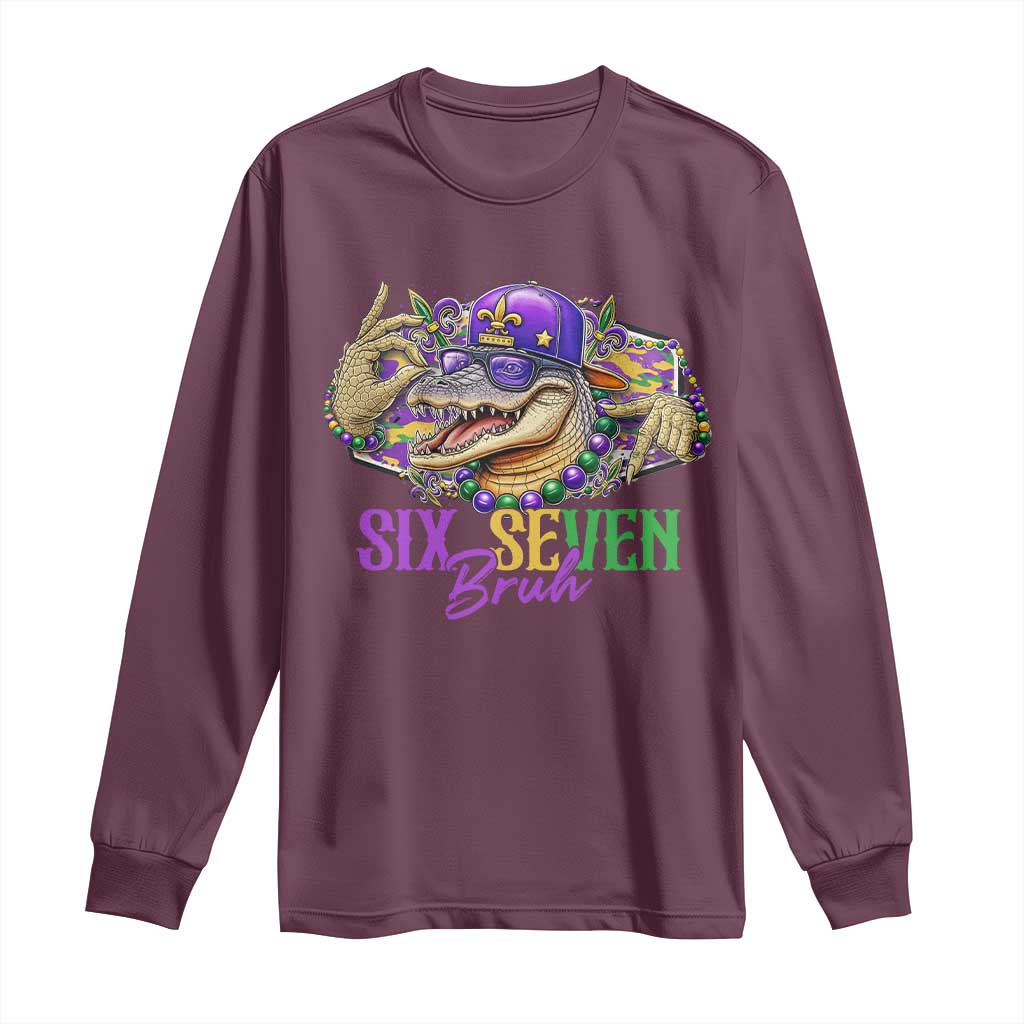 Funny Mardi Gras Six Seven Bruh Long Sleeve Shirt 67 Meme Mardigator Alligator