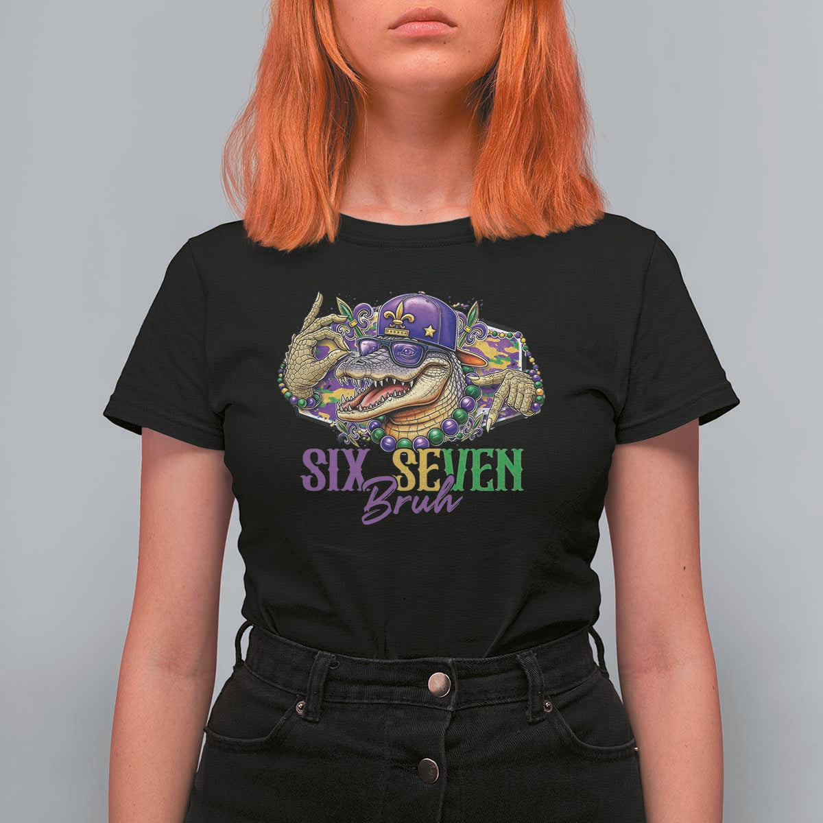 Funny Mardi Gras Six Seven Bruh T Shirt For Women 67 Meme Mardigator Alligator
