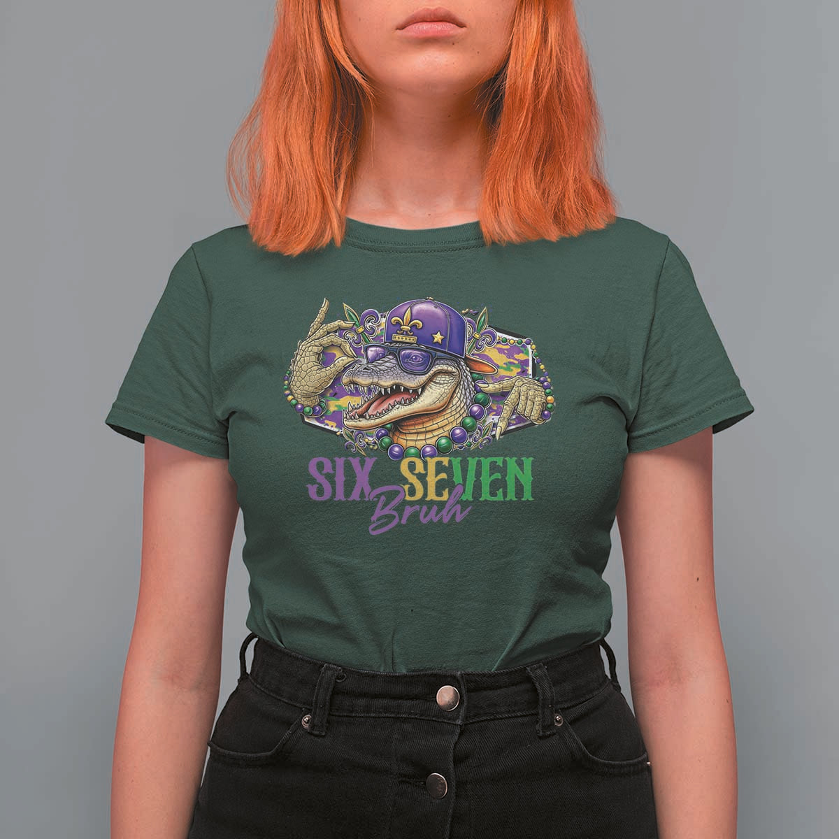 Funny Mardi Gras Six Seven Bruh T Shirt For Women 67 Meme Mardigator Alligator