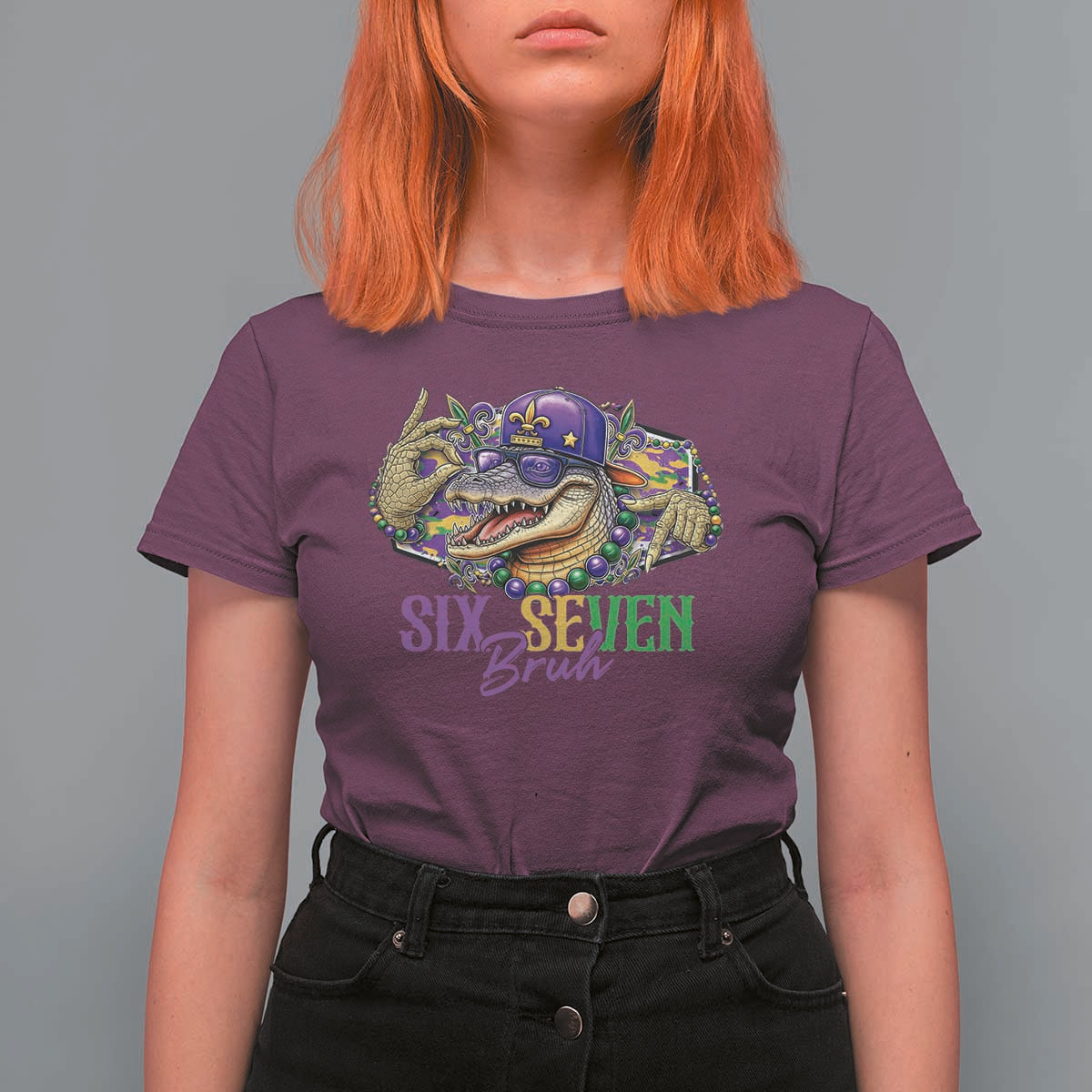 Funny Mardi Gras Six Seven Bruh T Shirt For Women 67 Meme Mardigator Alligator