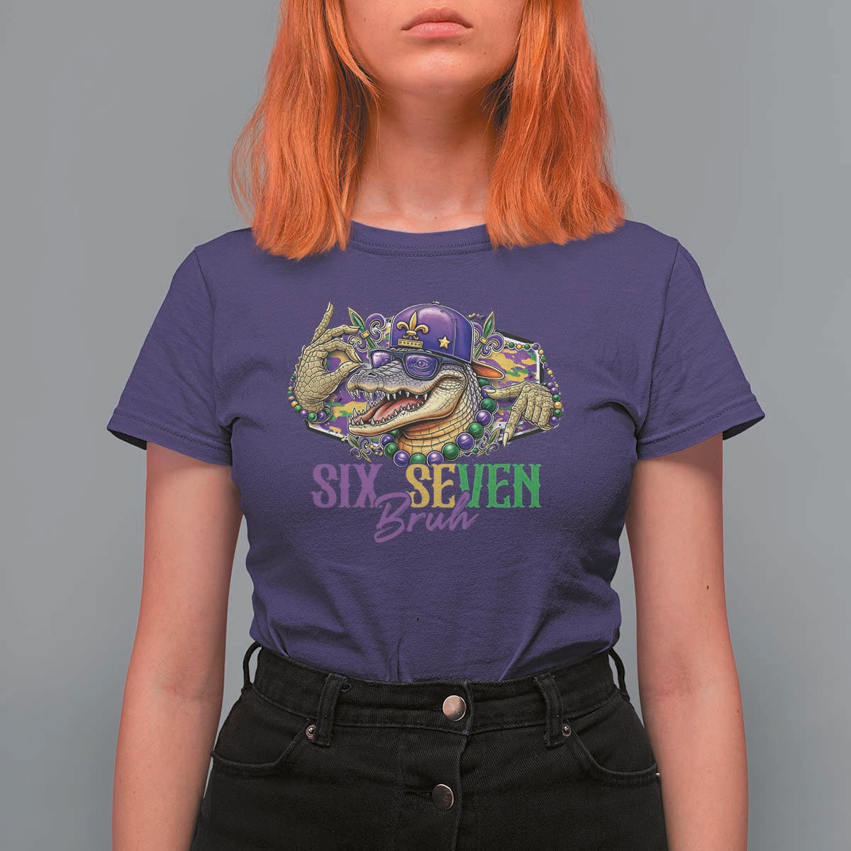 Funny Mardi Gras Six Seven Bruh T Shirt For Women 67 Meme Mardigator Alligator