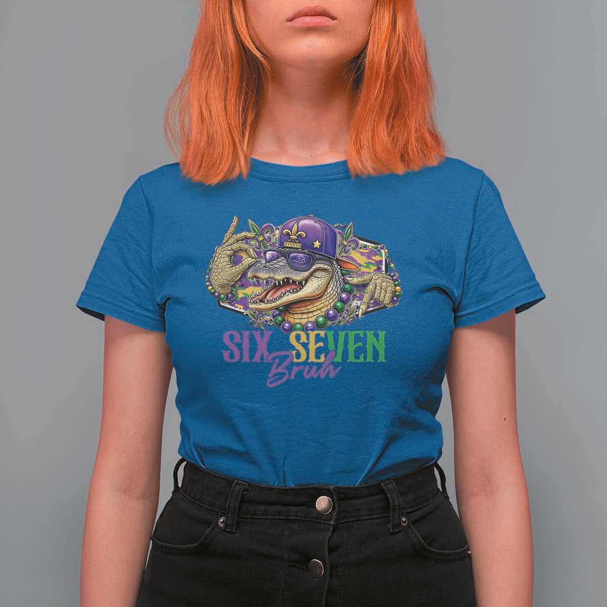 Funny Mardi Gras Six Seven Bruh T Shirt For Women 67 Meme Mardigator Alligator