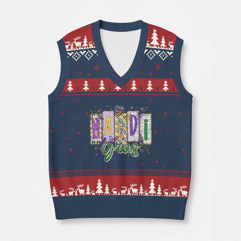 Mardi Gras V-Neck Knit Sweater Vest New Orleans Carnival Girly Fat Tuesday