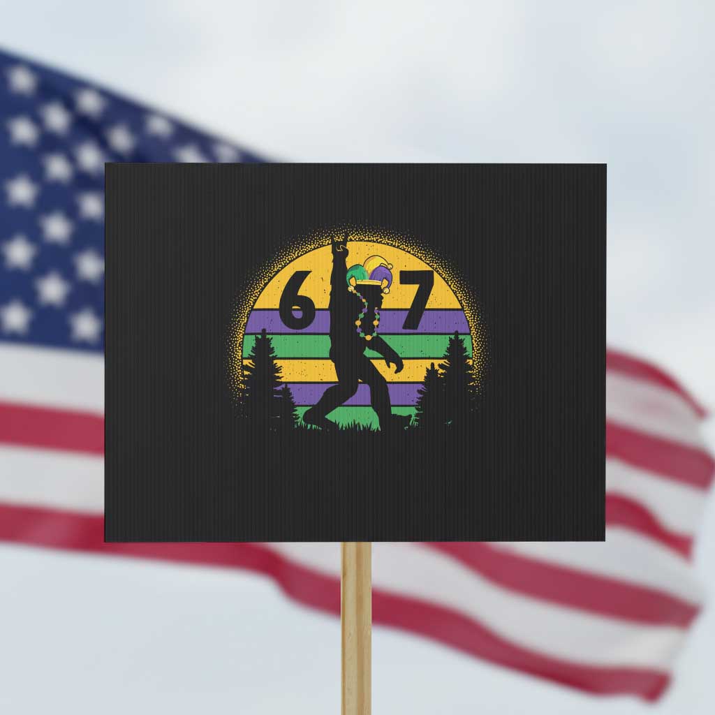 Funny Bigfoot 67 Mardi Gras Protest Sign Sasquatch Parade Jester Hat