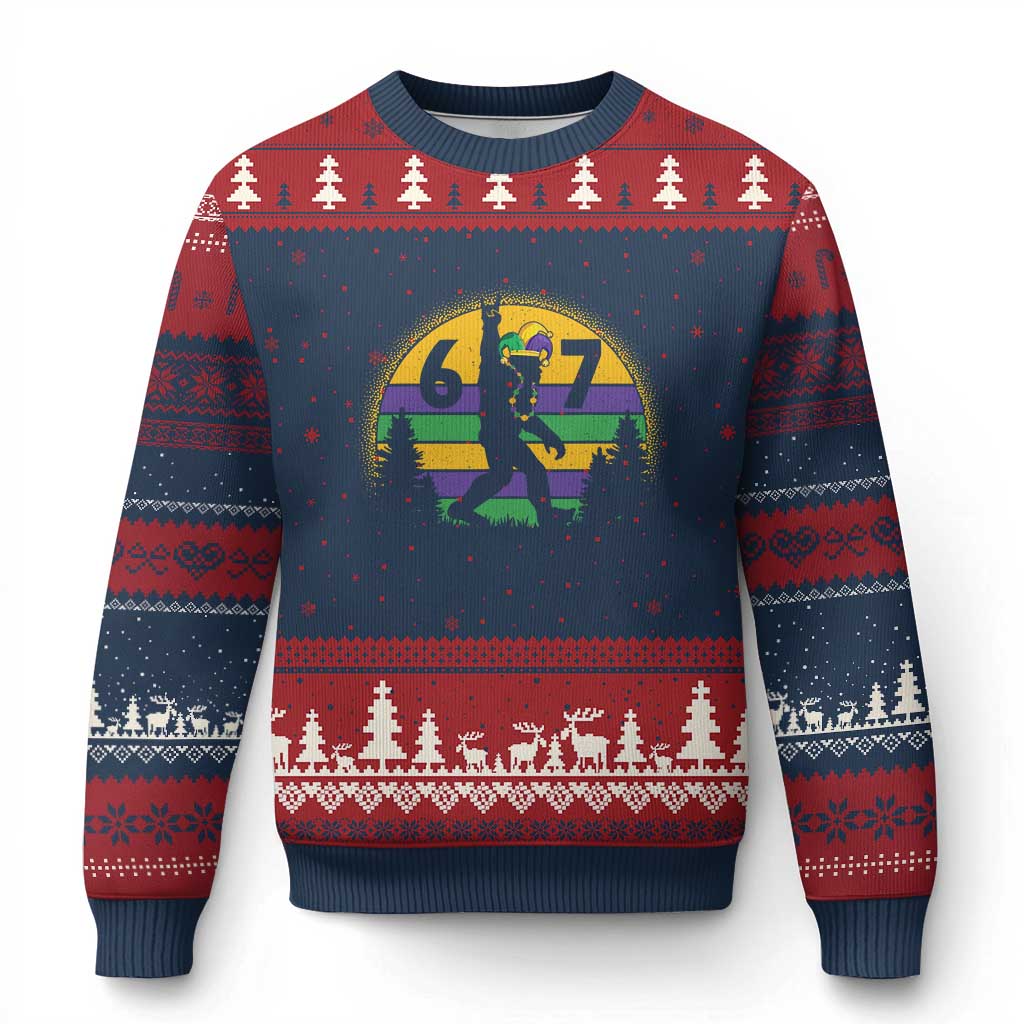 Funny Bigfoot 67 Mardi Gras Ugly Christmas Sweater Sasquatch Parade Jester Hat