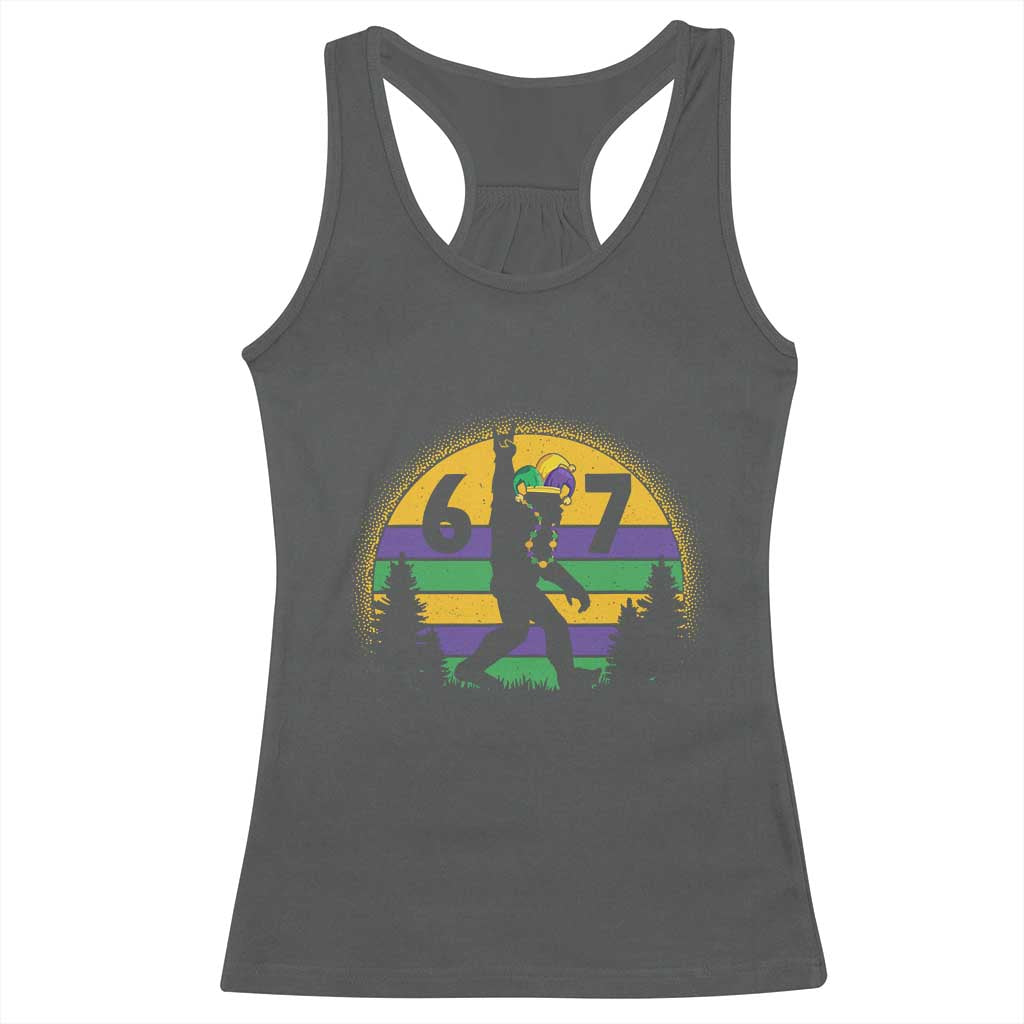 Funny Bigfoot 67 Mardi Gras Racerback Tank Top Sasquatch Parade Jester Hat