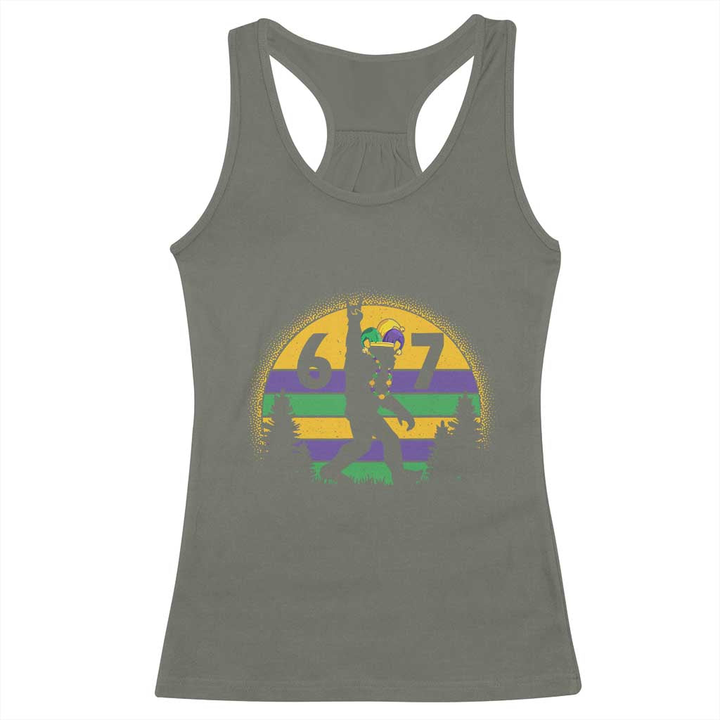 Funny Bigfoot 67 Mardi Gras Racerback Tank Top Sasquatch Parade Jester Hat