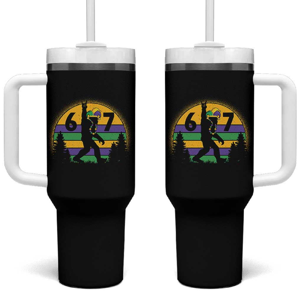 Funny Bigfoot 67 Mardi Gras Tumbler With Handle Sasquatch Parade Jester Hat