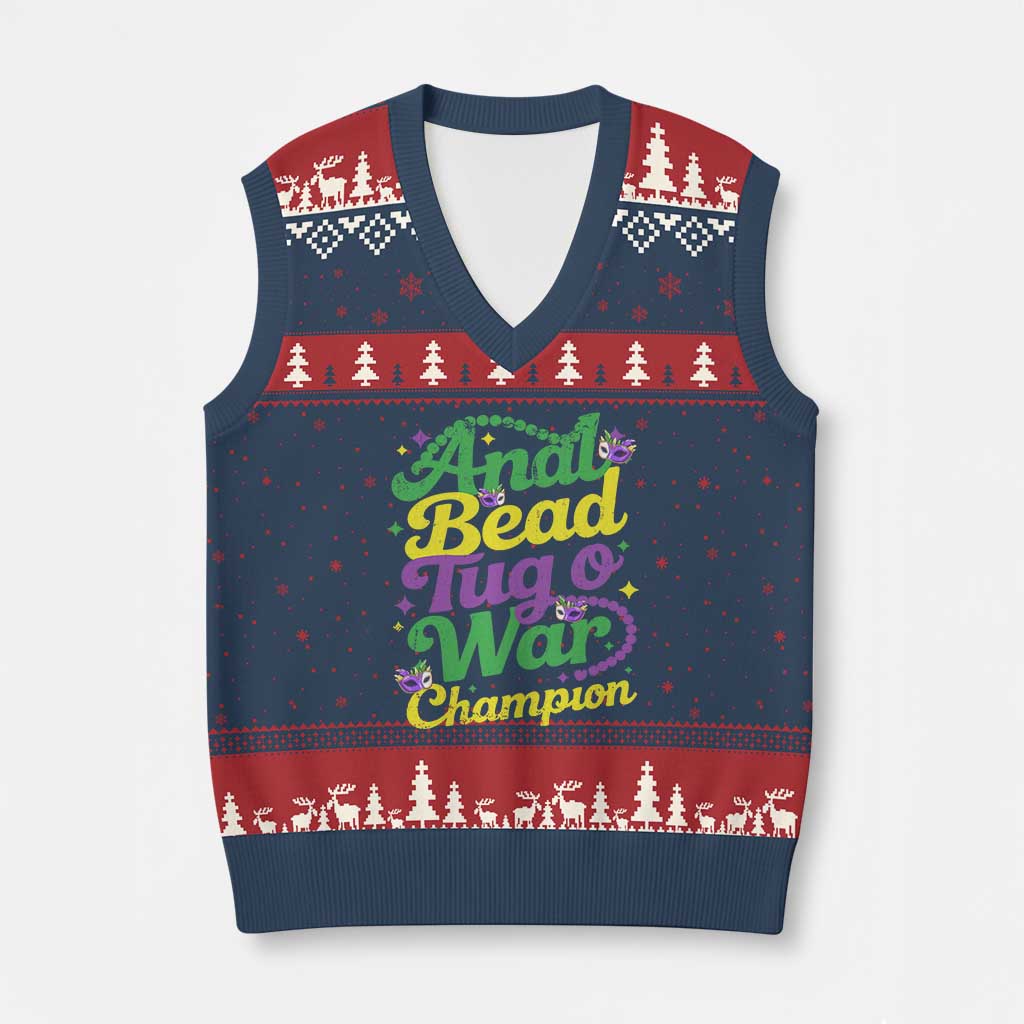 Funny Anal Bead Tug O War Mardi Gras V-Neck Knit Sweater Vest Fat Tuesday Carnival Adult Humor