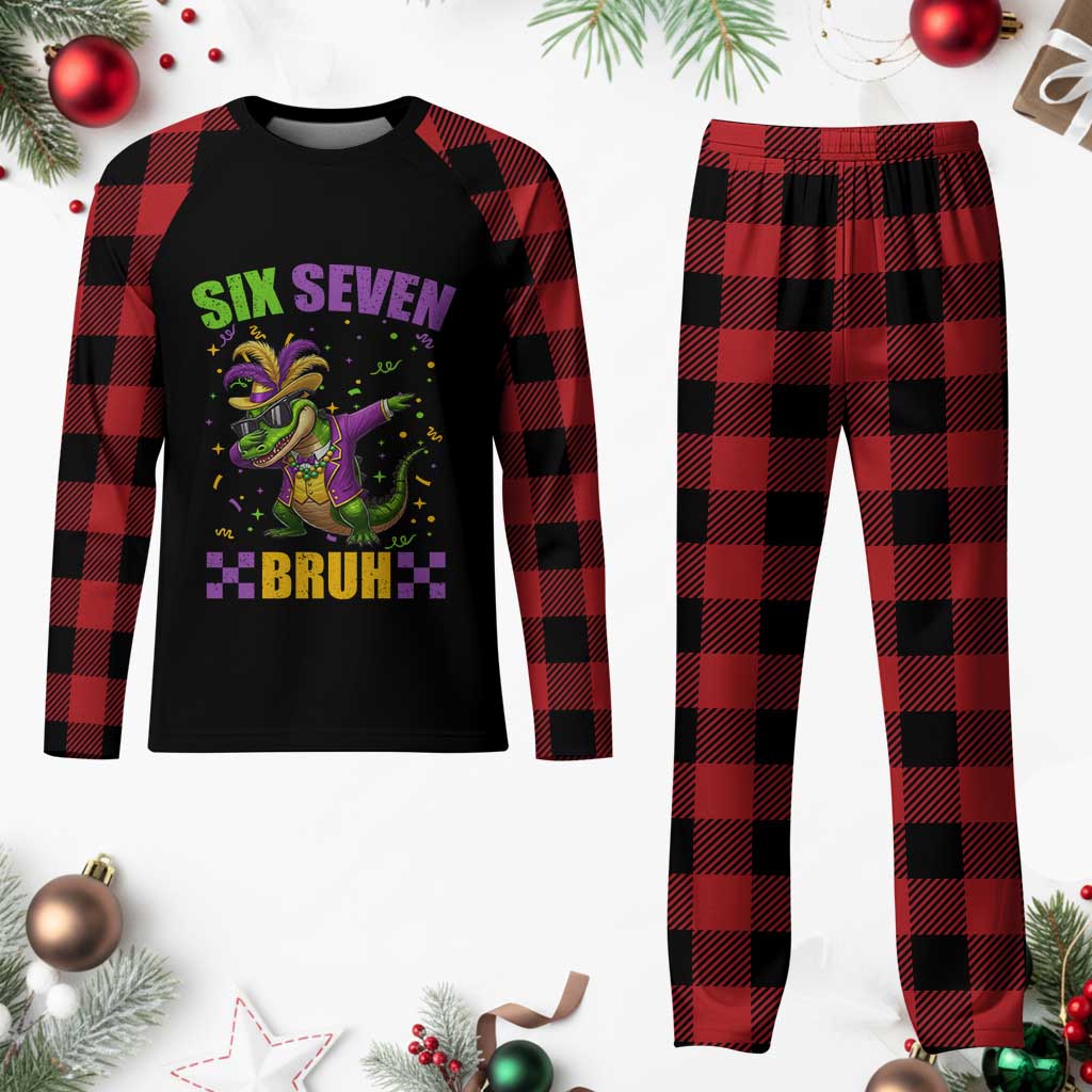 Funny 67 Mardi Gras Alligator Plaid Pajama Set Six Seven Bruh Mardigator Dabbing Crocodile
