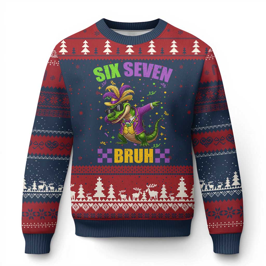 Funny 67 Mardi Gras Alligator Ugly Christmas Sweater Six Seven Bruh Mardigator Dabbing Crocodile
