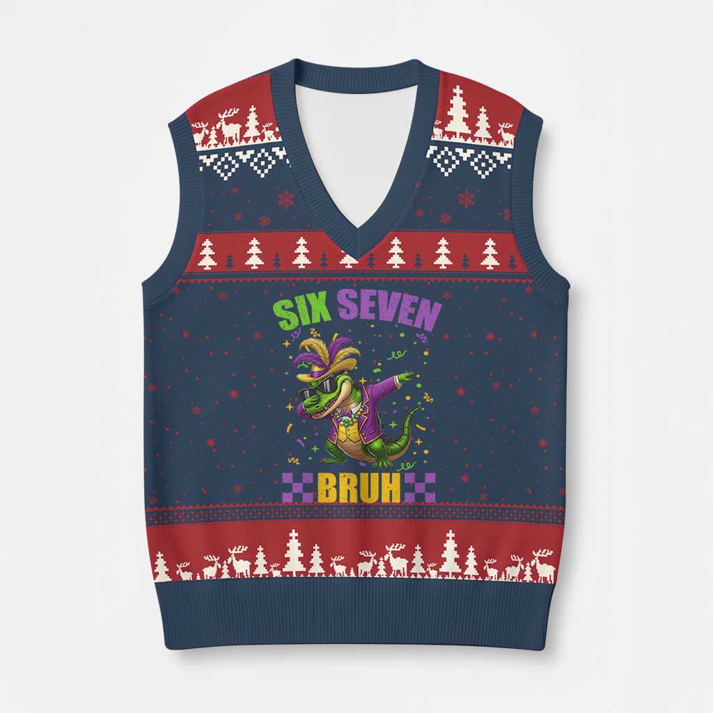 Funny 67 Mardi Gras Alligator V-Neck Knit Sweater Vest Six Seven Bruh Mardigator Dabbing Crocodile