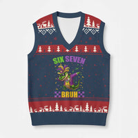 Funny 67 Mardi Gras Alligator V-Neck Knit Sweater Vest Six Seven Bruh Mardigator Dabbing Crocodile