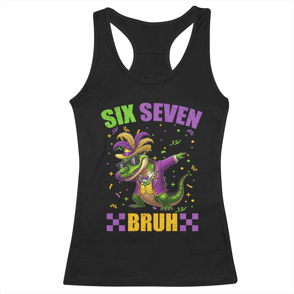 Funny 67 Mardi Gras Alligator Racerback Tank Top Six Seven Bruh Mardigator Dabbing Crocodile