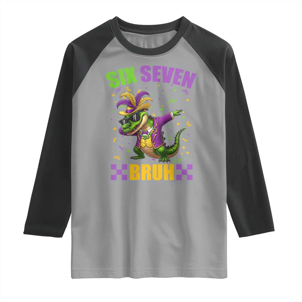 Funny 67 Mardi Gras Alligator Raglan Shirt Six Seven Bruh Mardigator Dabbing Crocodile