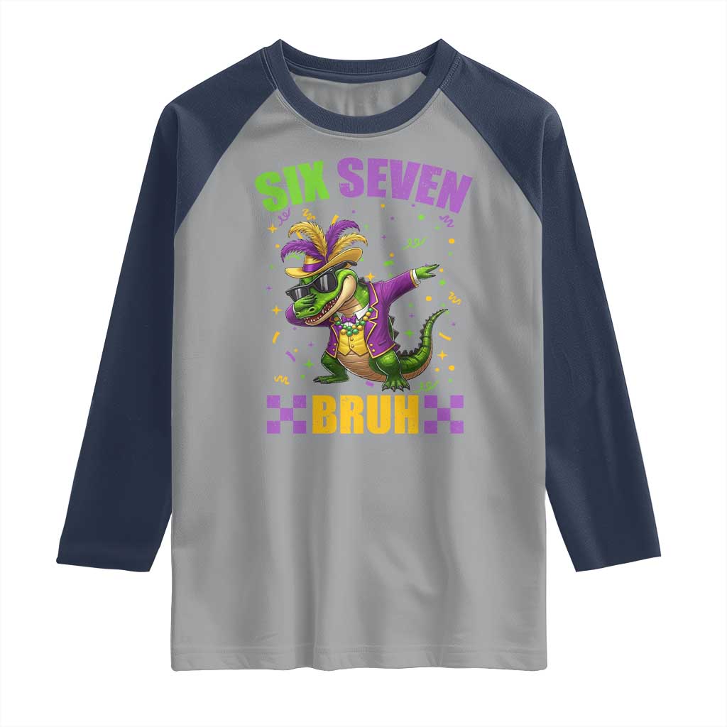 Funny 67 Mardi Gras Alligator Raglan Shirt Six Seven Bruh Mardigator Dabbing Crocodile