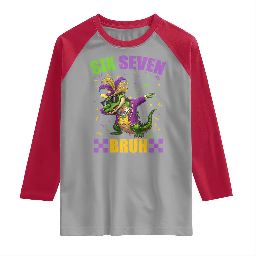 Funny 67 Mardi Gras Alligator Raglan Shirt Six Seven Bruh Mardigator Dabbing Crocodile