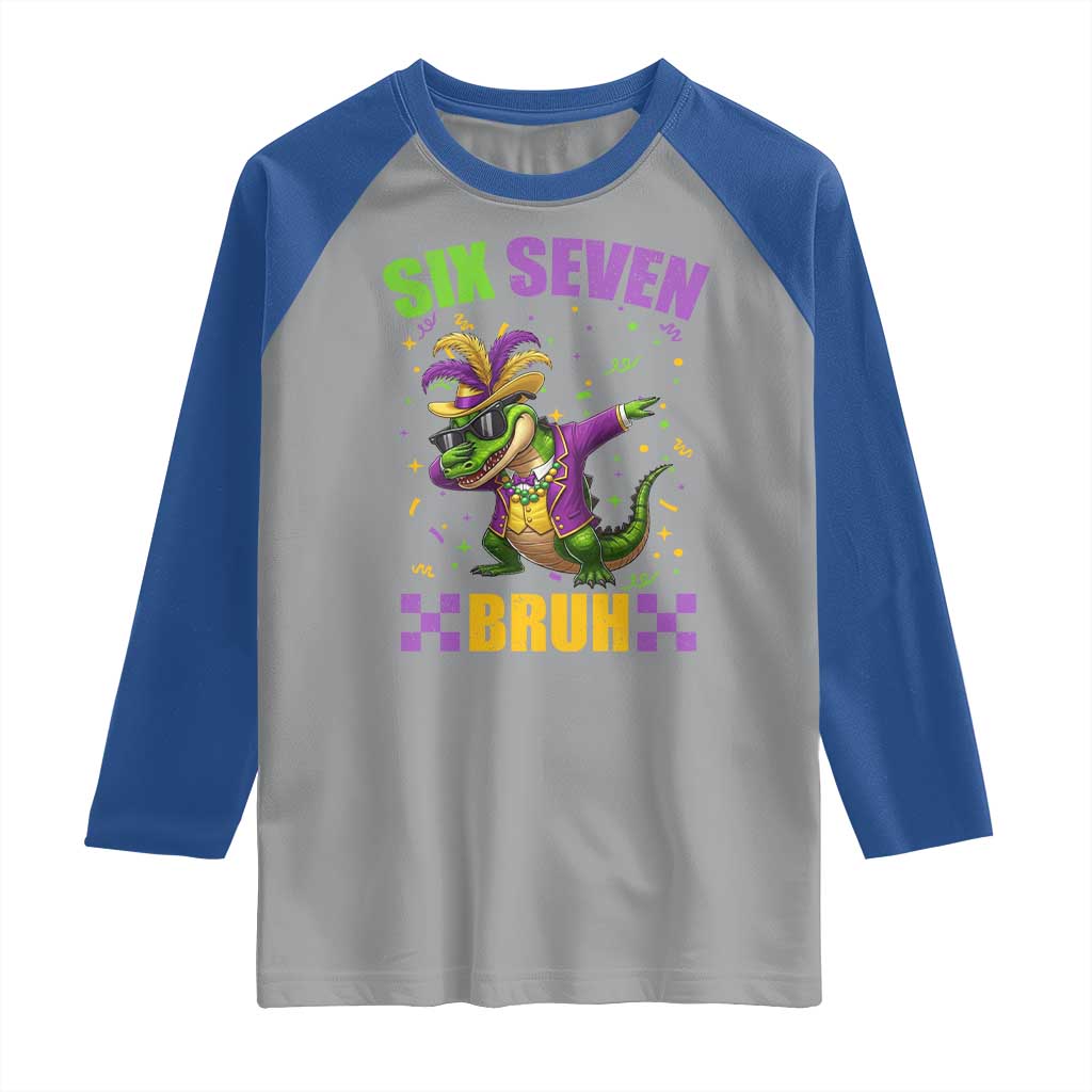 Funny 67 Mardi Gras Alligator Raglan Shirt Six Seven Bruh Mardigator Dabbing Crocodile