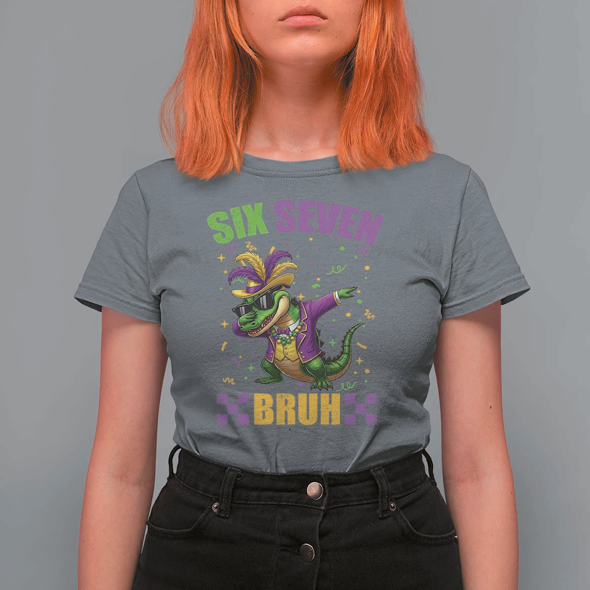 Funny 67 Mardi Gras Alligator T Shirt For Women Six Seven Bruh Mardigator Dabbing Crocodile