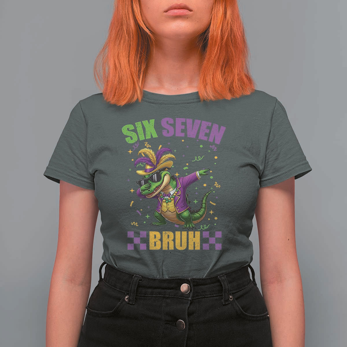 Funny 67 Mardi Gras Alligator T Shirt For Women Six Seven Bruh Mardigator Dabbing Crocodile